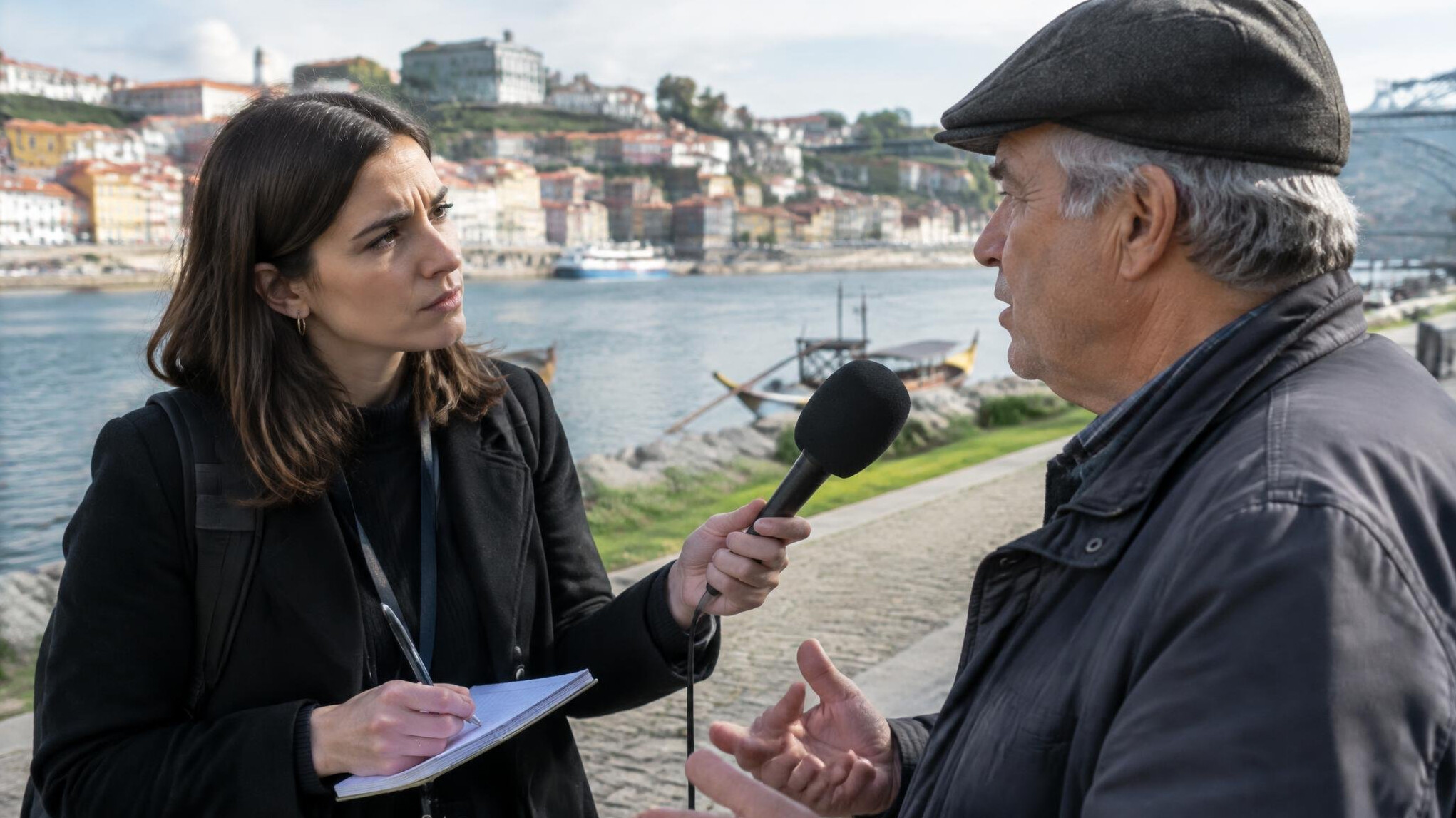 Journalist interviewing a resident outdoors near a river