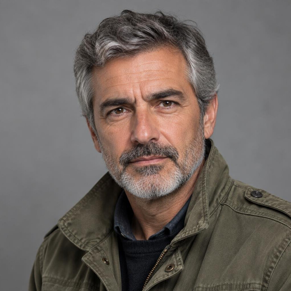Studio portrait of a Portuguese man in his 50s, photojournalist