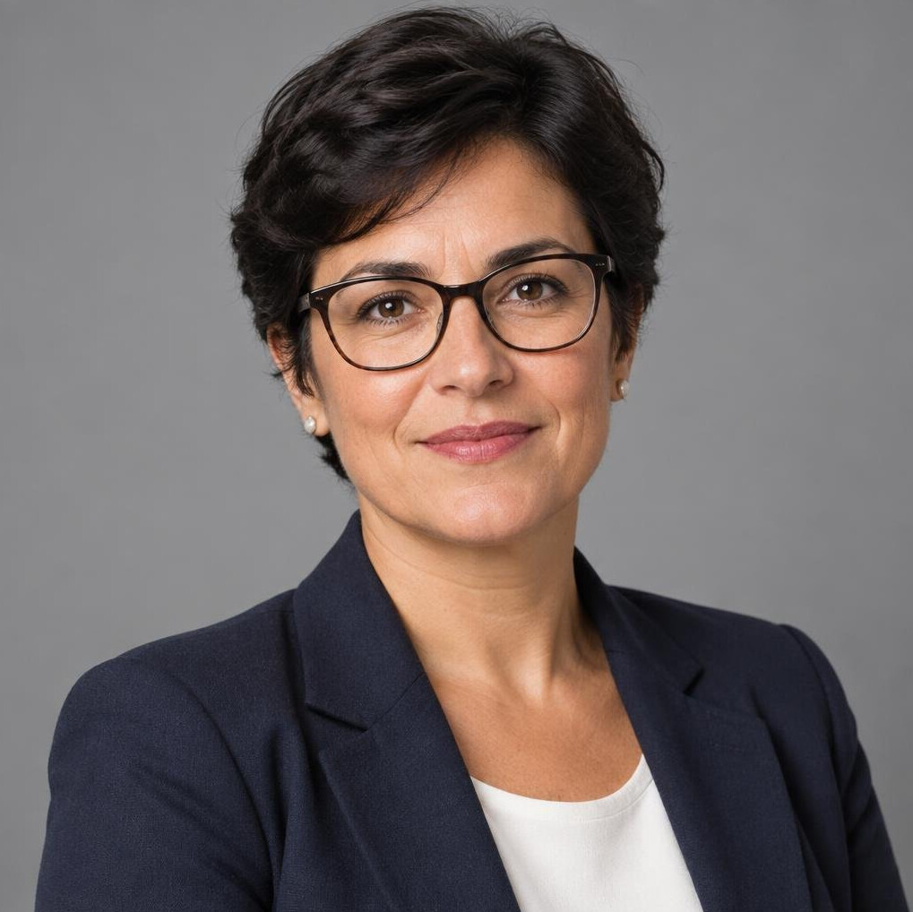 Studio portrait of a Portuguese woman in her 40s, editor-in-chief